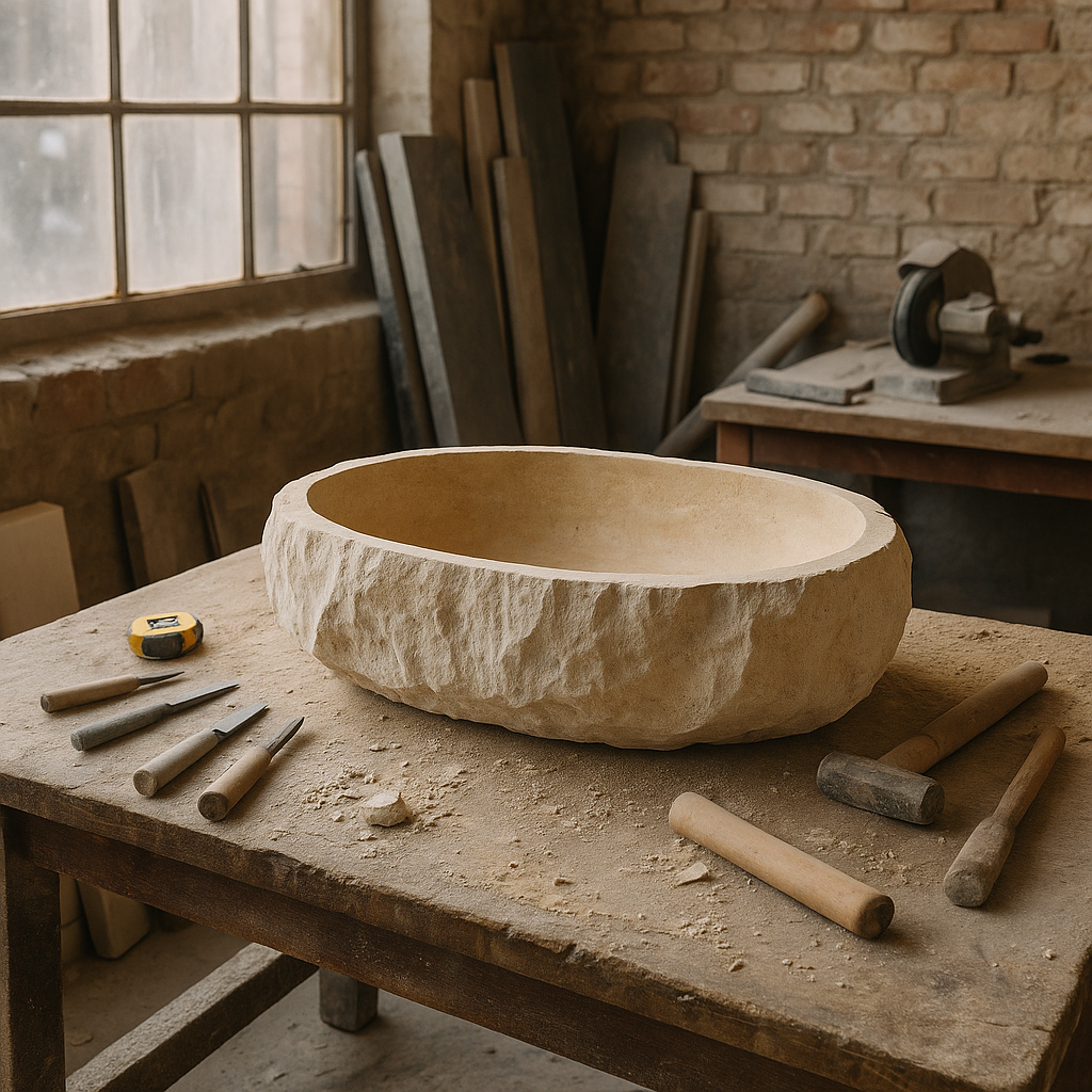 Chiseled Travertine Stone Vessel Sink – Elliptical Bathroom Basin