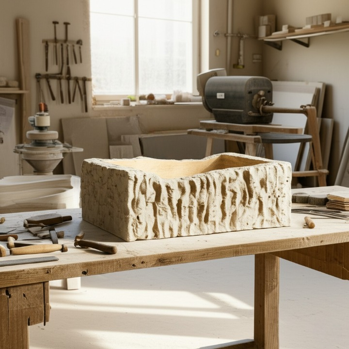 Rustic Chiseled Travertine Stone Sink – Rectangular Bathroom Basin