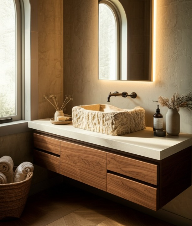 Rustic Chiseled Travertine Stone Sink – Rectangular Bathroom Basin