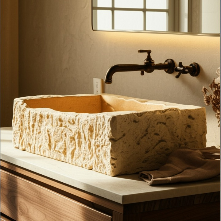 Rustic Chiseled Travertine Stone Sink – Rectangular Bathroom Basin