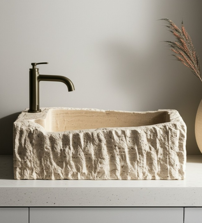 Rustic Chiseled Travertine Stone Sink – Rectangular Bathroom Basin