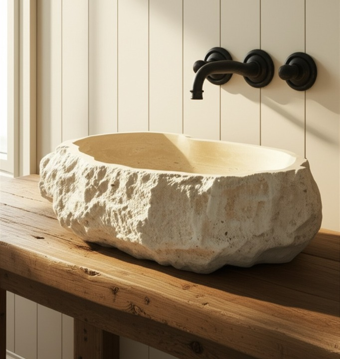 Chiseled Travertine Stone Vessel Sink – Elliptical Bathroom Basin