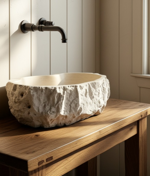 Chiseled Travertine Stone Vessel Sink – Elliptical Bathroom Basin