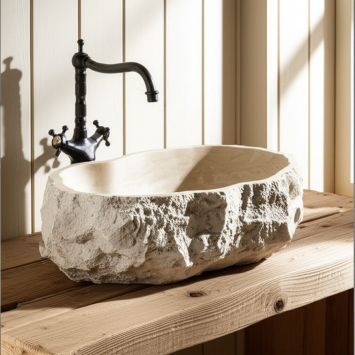 Chiseled Travertine Stone Vessel Sink – Elliptical Bathroom Basin