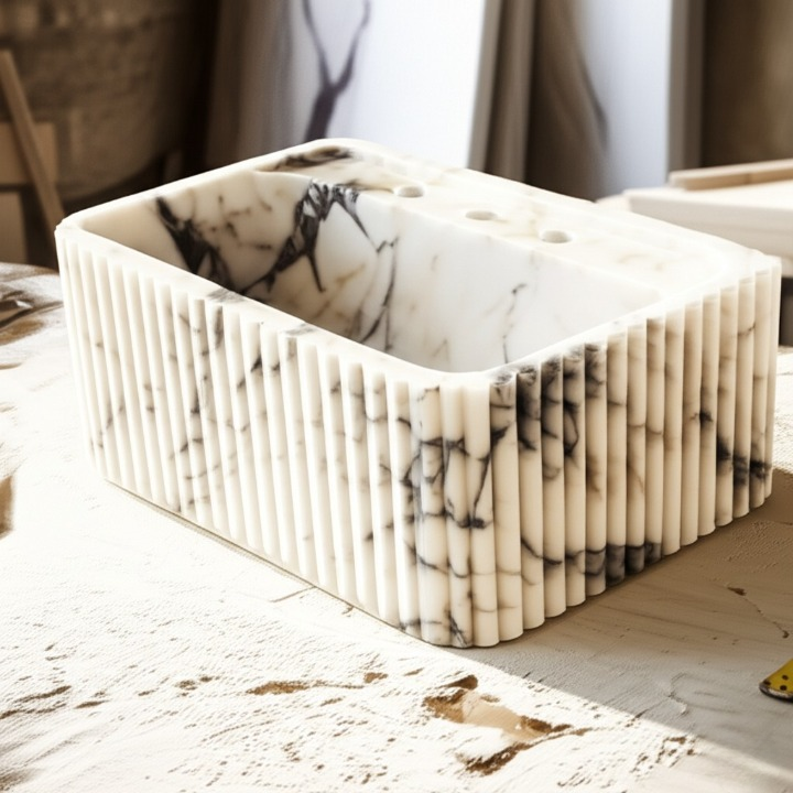 Calacatta Viola Marble Fluted Wall-Mounted Sink – Rectangular