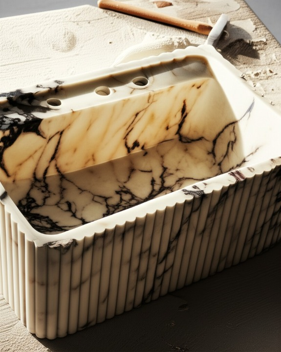 Calacatta Viola Marble Fluted Wall-Mounted Sink – Rectangular