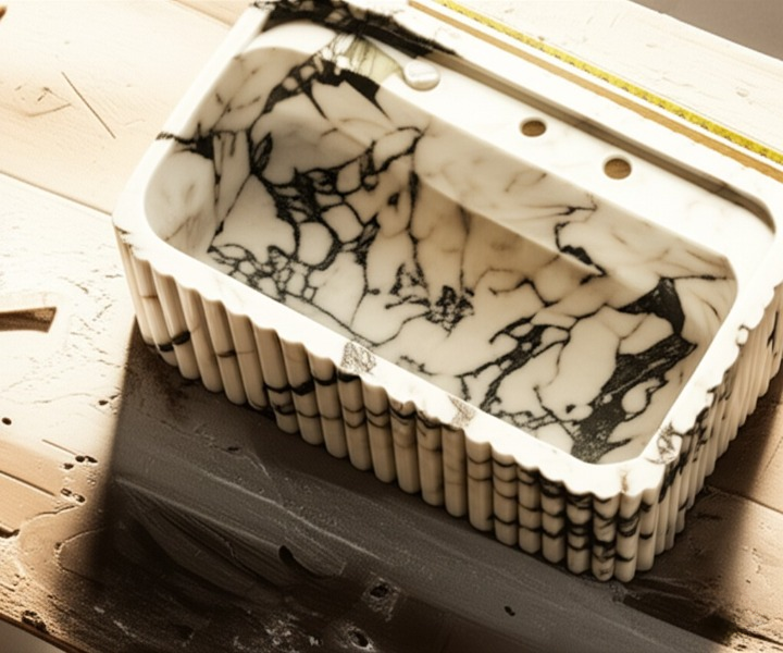 Calacatta Viola Marble Fluted Wall-Mounted Sink – Rectangular