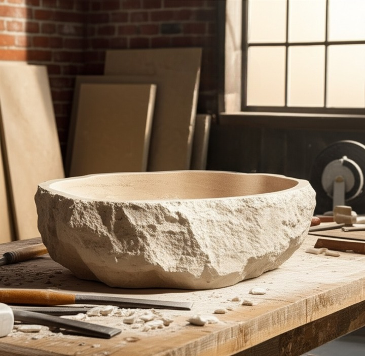 Chiseled Travertine Stone Vessel Sink – Elliptical Bathroom Basin