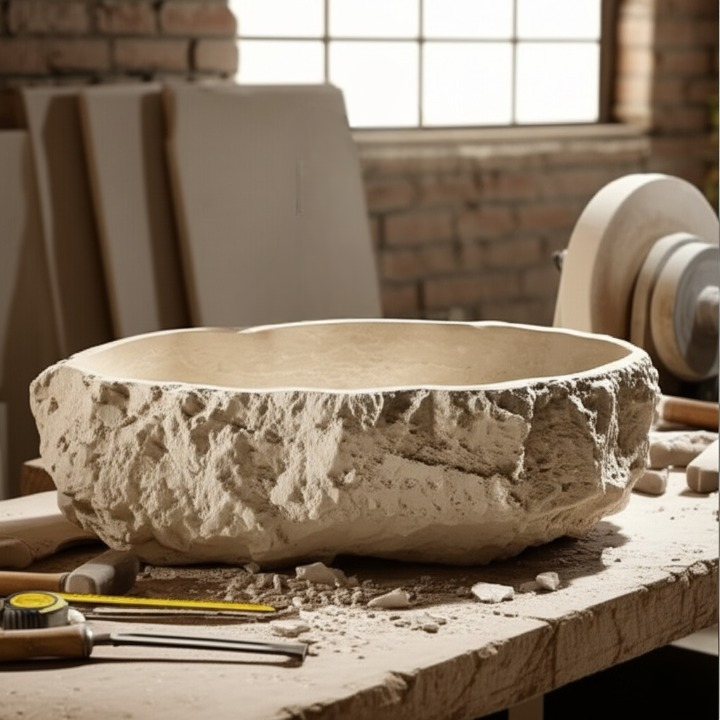 Chiseled Travertine Stone Vessel Sink – Elliptical Bathroom Basin