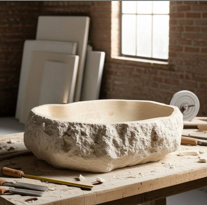 Chiseled Travertine Stone Vessel Sink – Elliptical Bathroom Basin