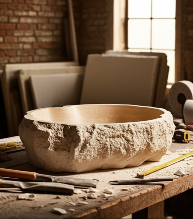 Chiseled Travertine Stone Vessel Sink – Elliptical Bathroom Basin
