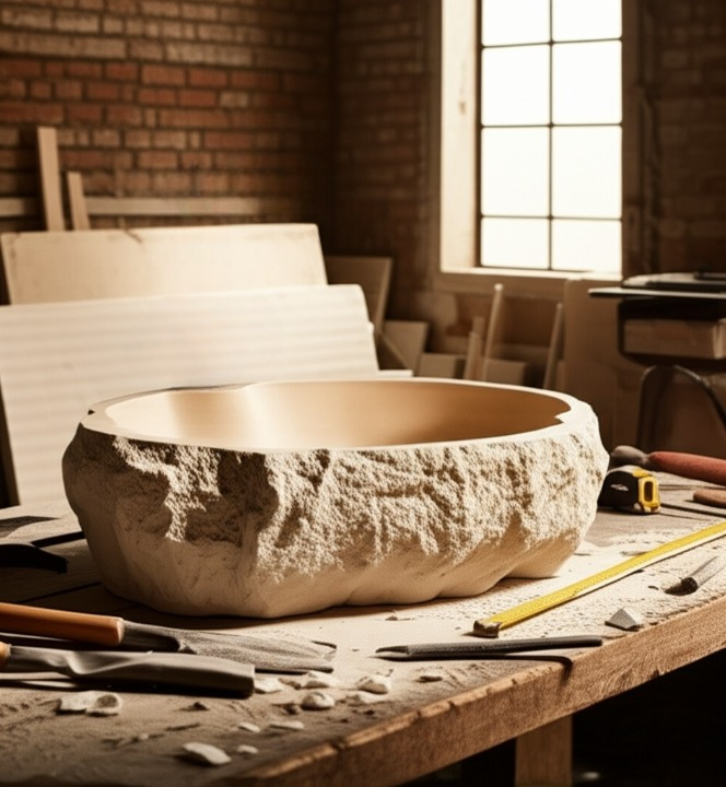 Chiseled Travertine Stone Vessel Sink – Elliptical Bathroom Basin