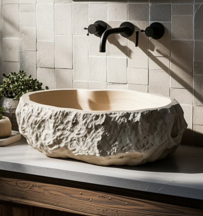 Chiseled Travertine Stone Vessel Sink – Elliptical Bathroom Basin