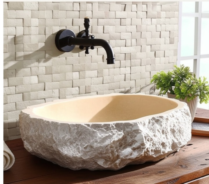 Chiseled Travertine Stone Vessel Sink – Elliptical Bathroom Basin