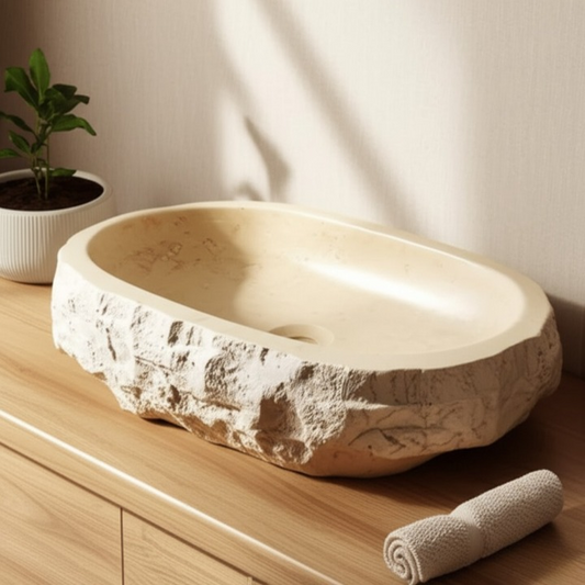 Rustic Oval Travertine Stone Sink – Hand-Carved Bathroom Basin