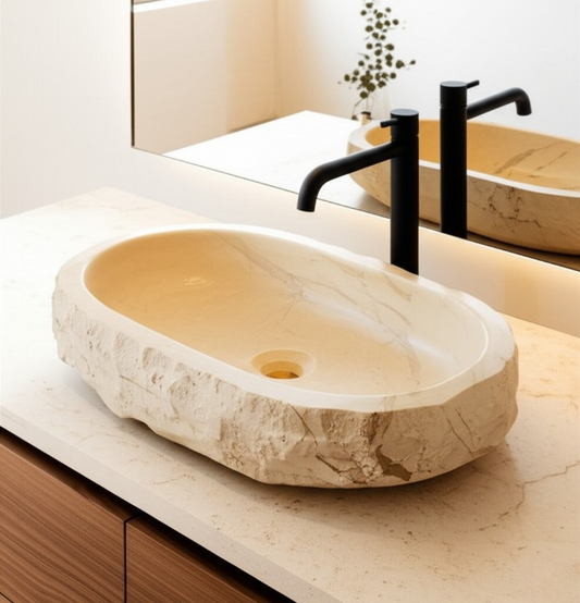Rustic Oval Travertine Stone Sink – Hand-Carved Bathroom Basin