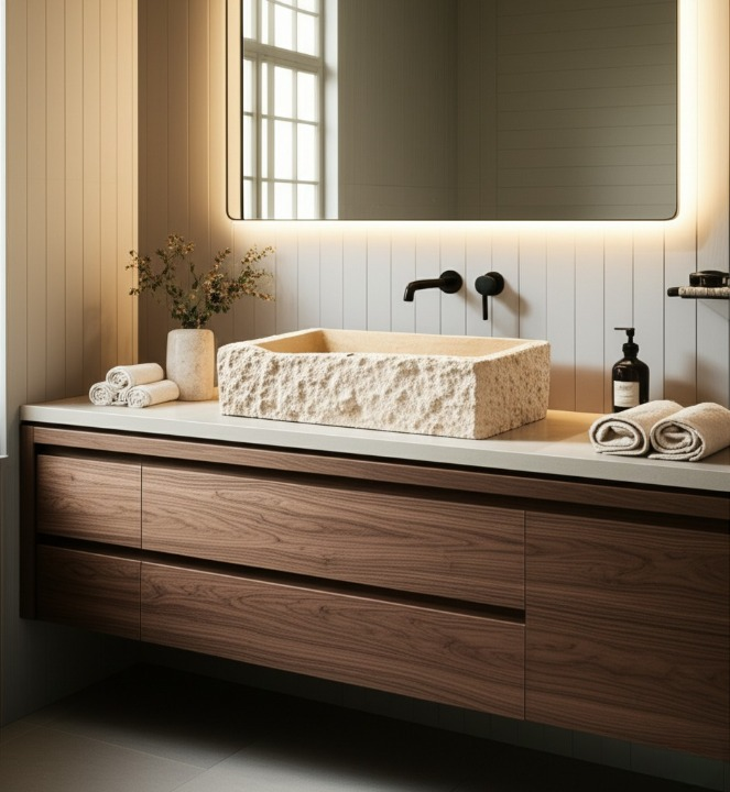Hand-Carved Natural Stone Wall Mounted Travertine Sink