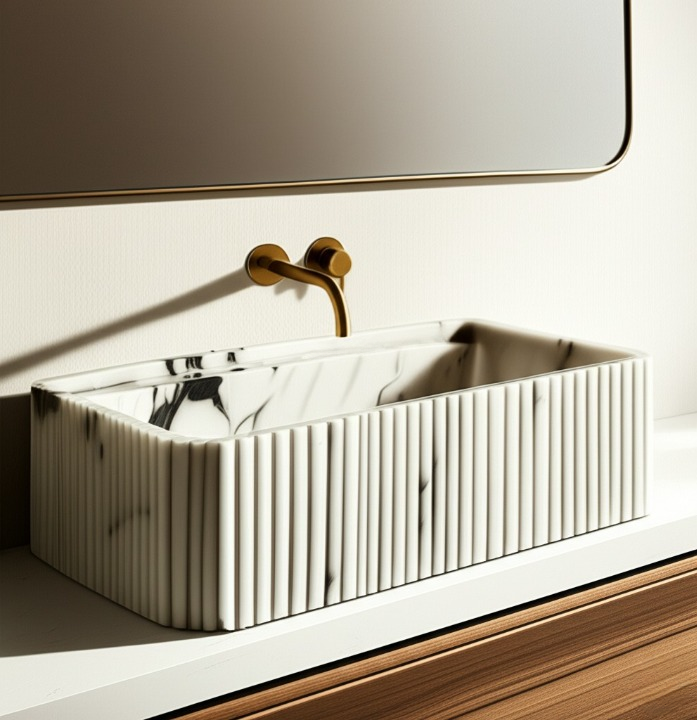 Calacatta Viola Marble Fluted Wall-Mounted Sink – Rectangular