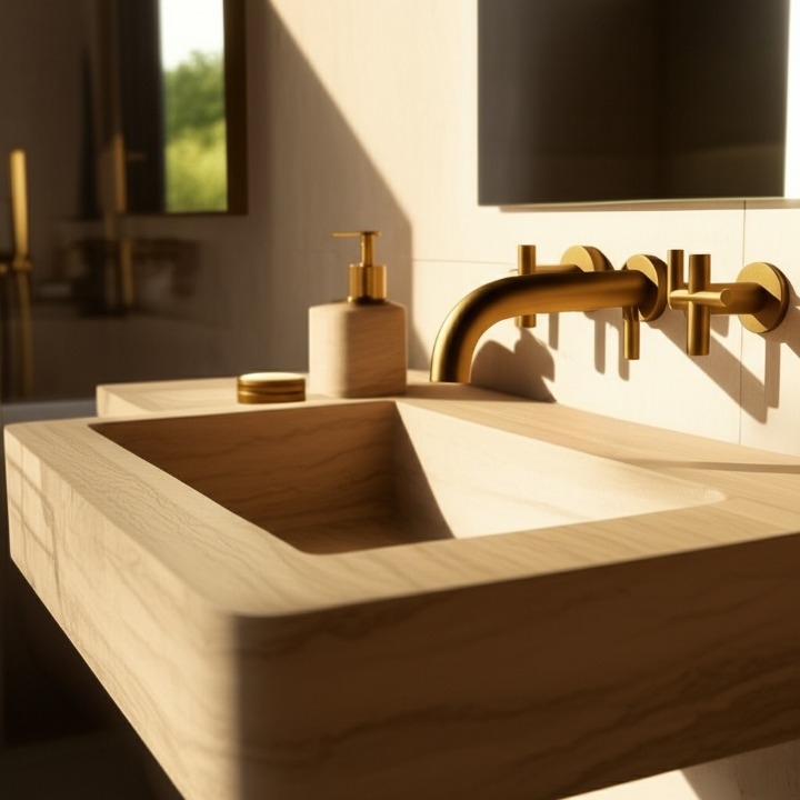 30" Rectangular Travertine Stone Sink – Handcrafted Bathroom Basin