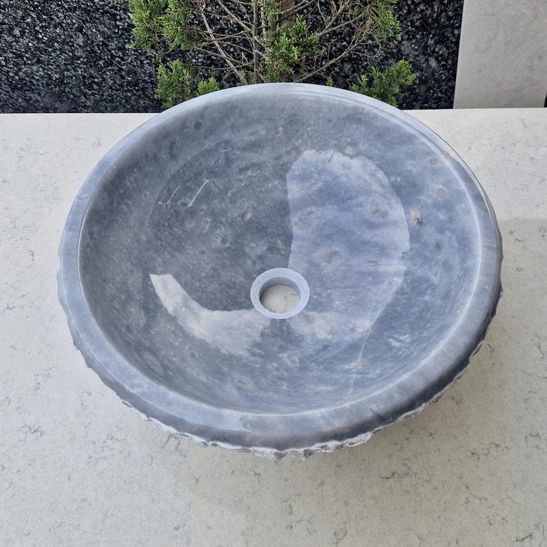 Grey Marble Round Chiseled Stone Vessel Sink