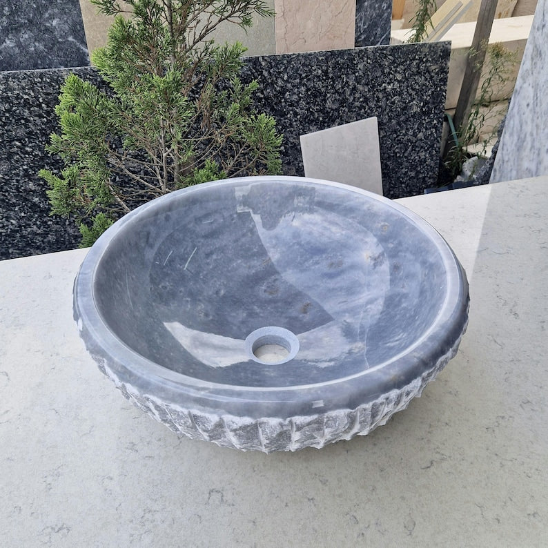 Grey Marble Round Chiseled Stone Vessel Sink