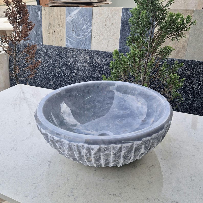 Grey Marble Round Chiseled Stone Vessel Sink