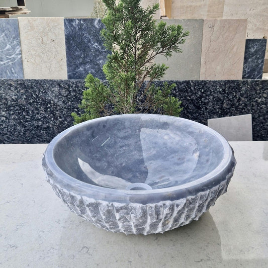 Grey Marble Round Chiseled Stone Vessel Sink