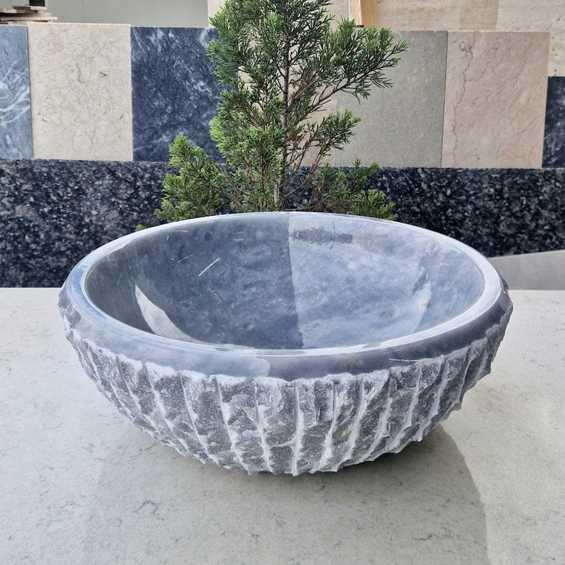 Grey Marble Round Chiseled Stone Vessel Sink