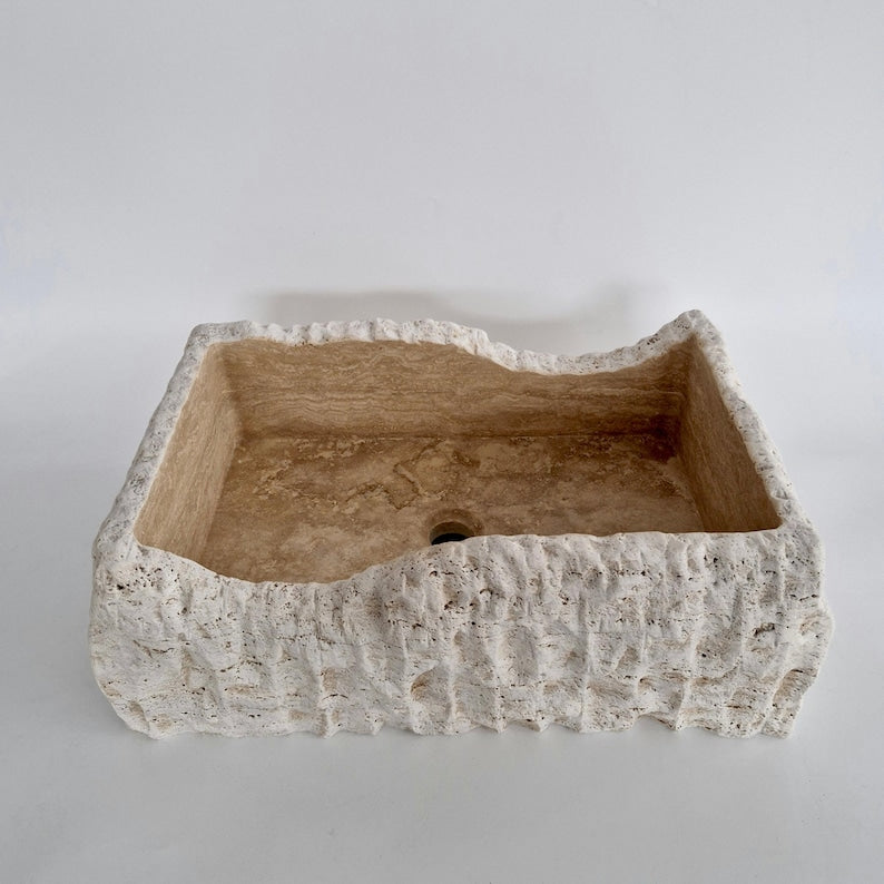Hand-Carved Natural Stone Wall Mounted Travertine Sink