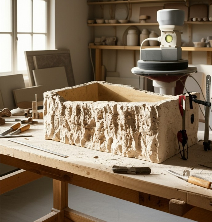 Rustic Chiseled Travertine Stone Sink – Rectangular Bathroom Basin