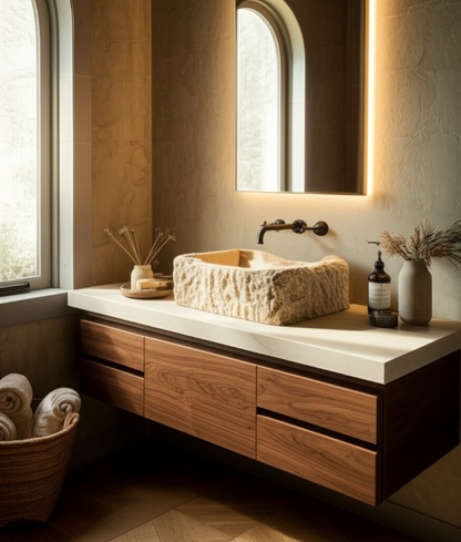 Rustic Chiseled Travertine Stone Sink – Rectangular Bathroom Basin