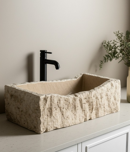 Rustic Chiseled Travertine Stone Sink – Rectangular Bathroom Basin