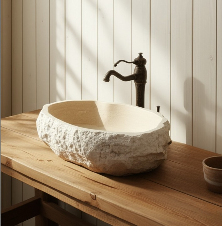 Chiseled Travertine Stone Vessel Sink – Elliptical Bathroom Basin