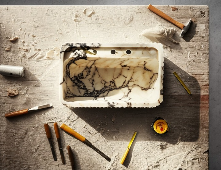 Calacatta Viola Marble Fluted Wall-Mounted Sink – Rectangular