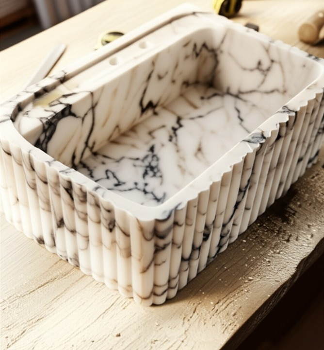 Calacatta Viola Marble Fluted Wall-Mounted Sink – Rectangular