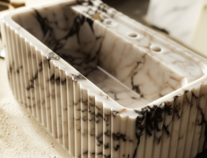 Calacatta Viola Marble Fluted Wall-Mounted Sink – Rectangular