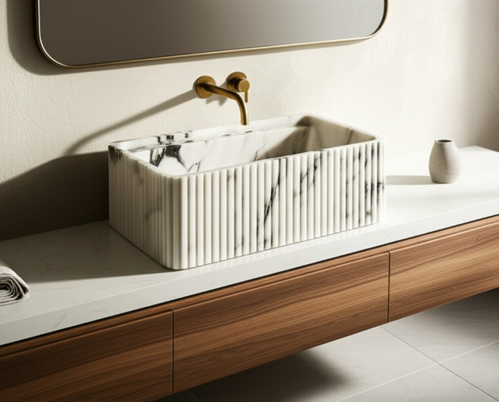 Calacatta Viola Marble Fluted Wall-Mounted Sink – Rectangular