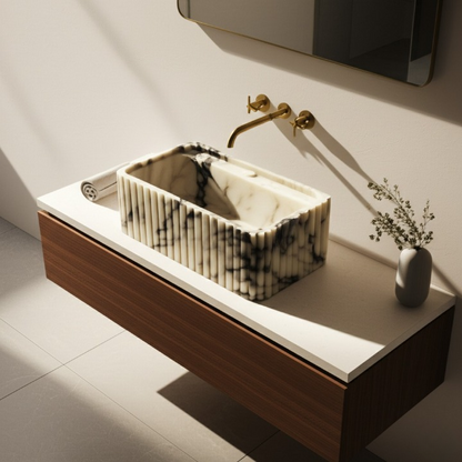 Calacatta Viola Marble Fluted Wall-Mounted Sink – Rectangular