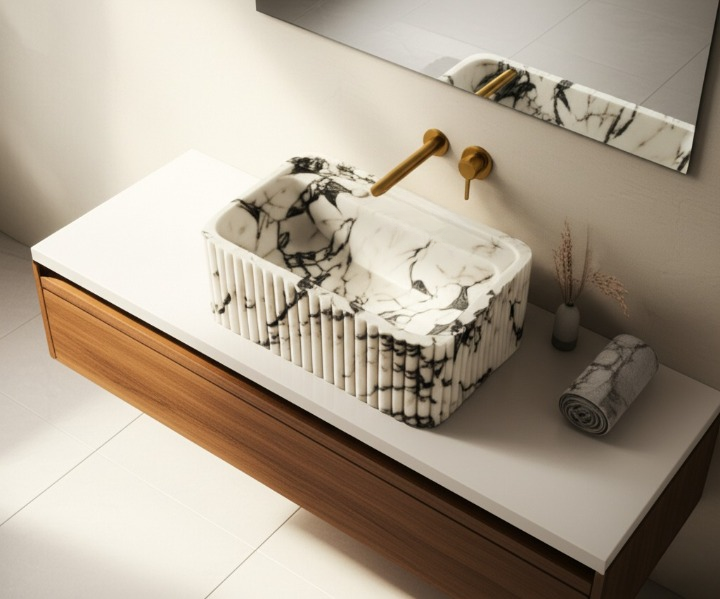 Calacatta Viola Marble Fluted Wall-Mounted Sink – Rectangular