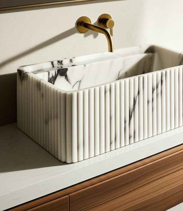 Calacatta Viola Marble Fluted Wall-Mounted Sink – Rectangular