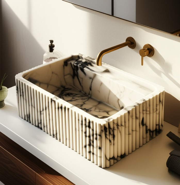 Calacatta Viola Marble Fluted Wall-Mounted Sink – Rectangular