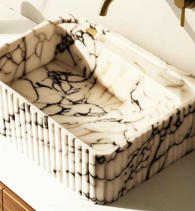 Calacatta Viola Marble Fluted Wall-Mounted Sink – Rectangular