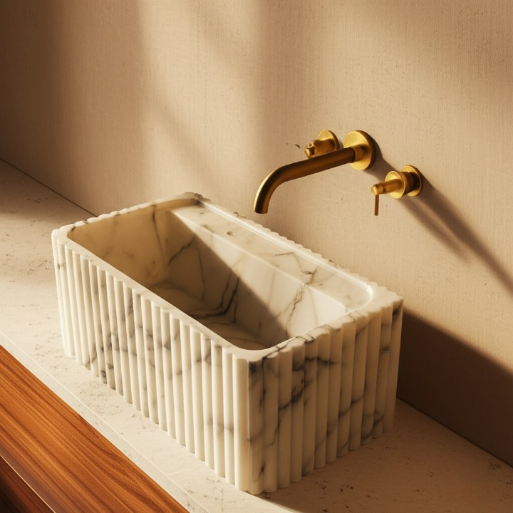 Calacatta Viola Marble Fluted Wall-Mounted Sink – Rectangular