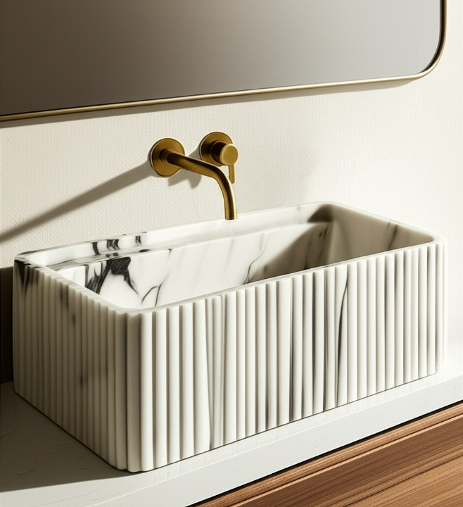 Calacatta Viola Marble Fluted Wall-Mounted Sink – Rectangular