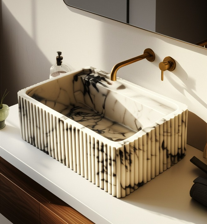 Calacatta Viola Marble Fluted Wall-Mounted Sink – Rectangular