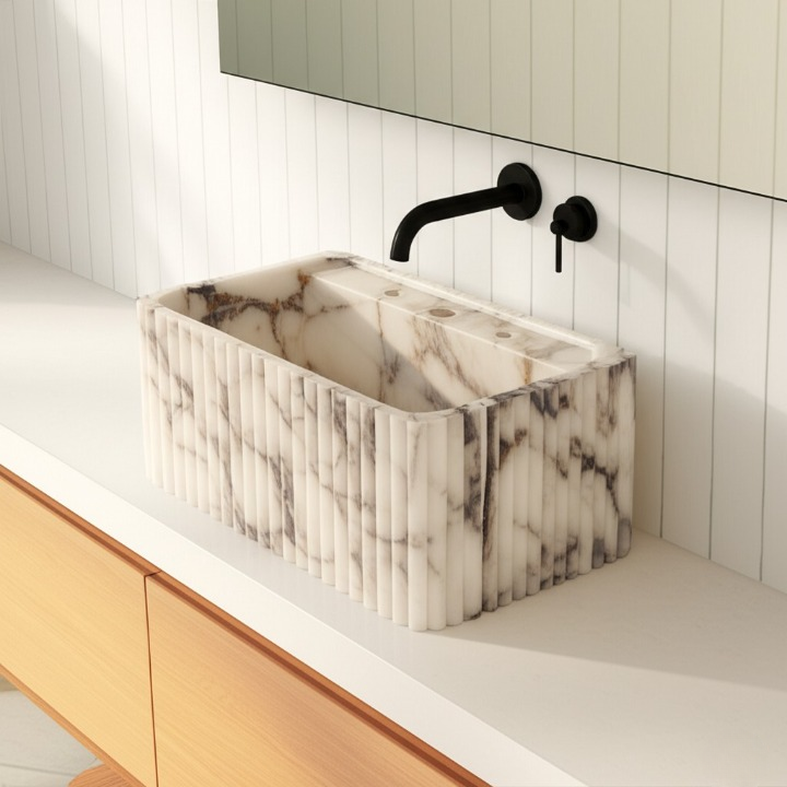 Calacatta Viola Marble Fluted Wall-Mounted Sink – Rectangular