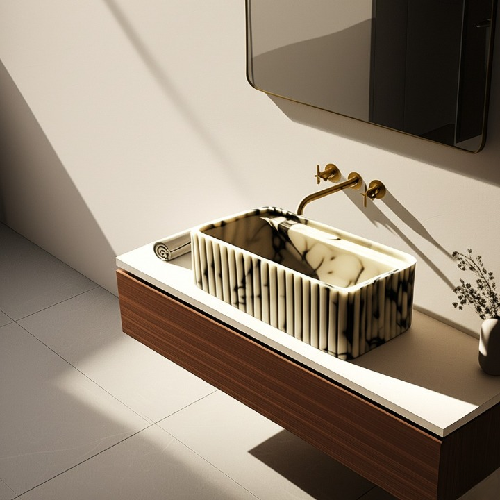 Calacatta Viola Marble Fluted Wall-Mounted Sink – Rectangular