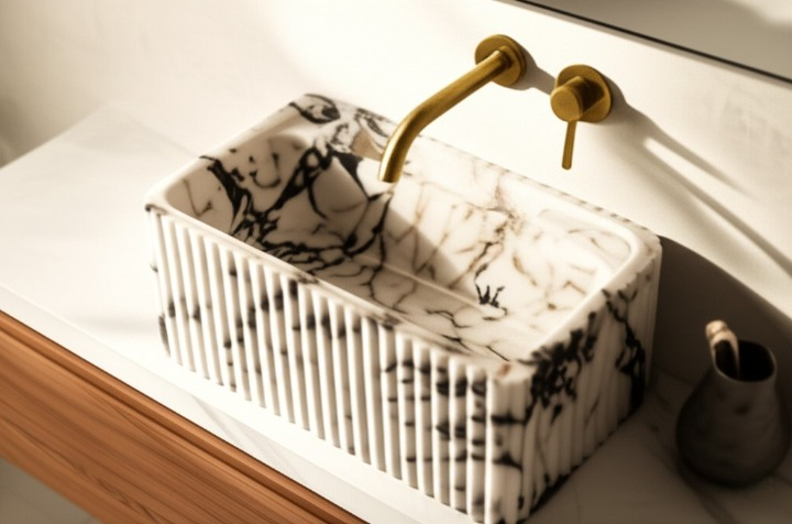 Calacatta Viola Marble Fluted Wall-Mounted Sink – Rectangular