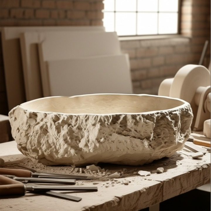 Chiseled Travertine Stone Vessel Sink – Elliptical Bathroom Basin