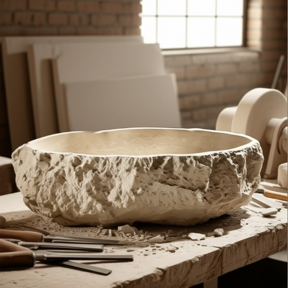 Chiseled Travertine Stone Vessel Sink – Elliptical Bathroom Basin